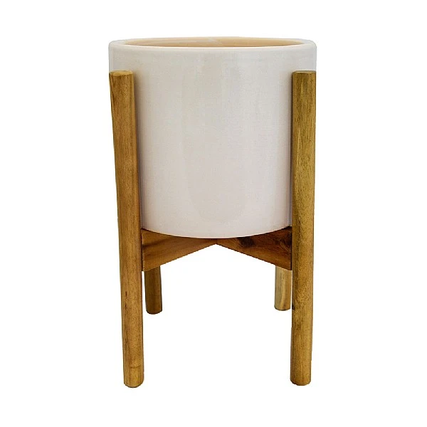 Ivyline Anzio Stone White Pot Cover With Wooden Stand 3 Ivyline Anzio Stone White Pot Cover With Wooden Stand